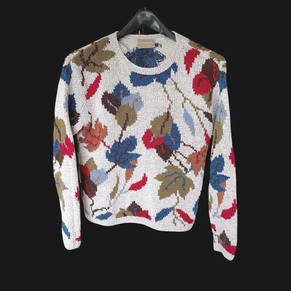 Liz Claiborne Lizwear Leaf Intarsia Knit Sweater Crewneck Multi Color Womens L